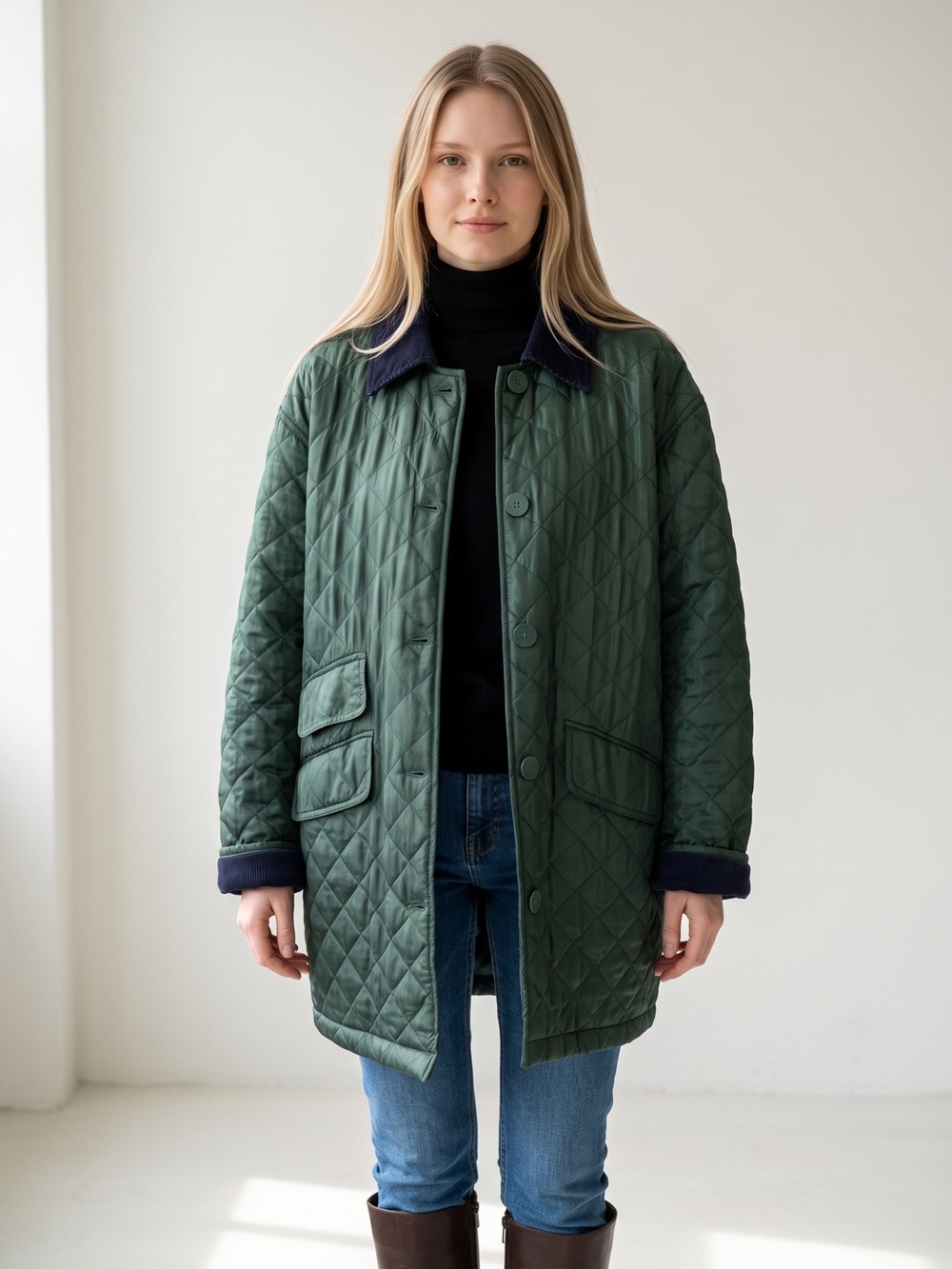 Vintage BOGARi Silk Quilted Barn Jacket with Contrast Navy Corduroy Collar